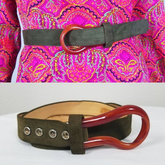 Oscar De La Renta Vintage 70s/80s Olive Suede Plastic Buckle Disco Belt Size 14 - Picture 2 of 13